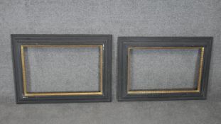 Two ebonised effect and gilt border antique picture frames with stepped design. Rebate: H.38 W.58