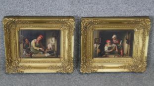 Two 19th century carved gilt framed Dutch oils on copper of kitchen scenes, one indistinctly
