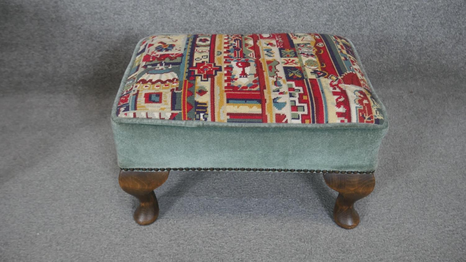 A Georgian style mahogany coffee table along with a tapestry upholstered footstool. h37 d68 - Image 5 of 5