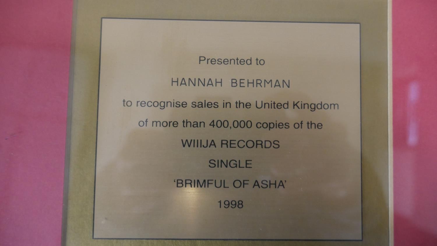 A framed and glazed presentation disc for the sale of 400,000 copies of Brimful of Asha by - Image 4 of 5