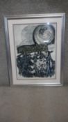 A 20th century silver framed and glazed etching and aquatint of abstract African figures, numbered