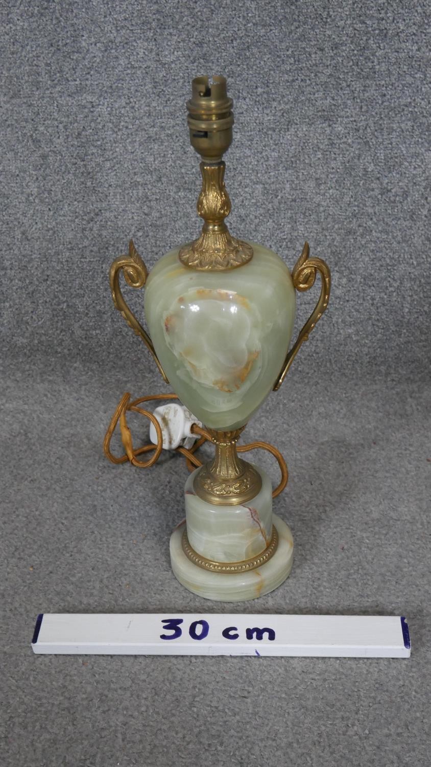 A Classical style gilt metal and carved alabaster twin foliate handle urn table lamp. H.43cm - Image 2 of 3