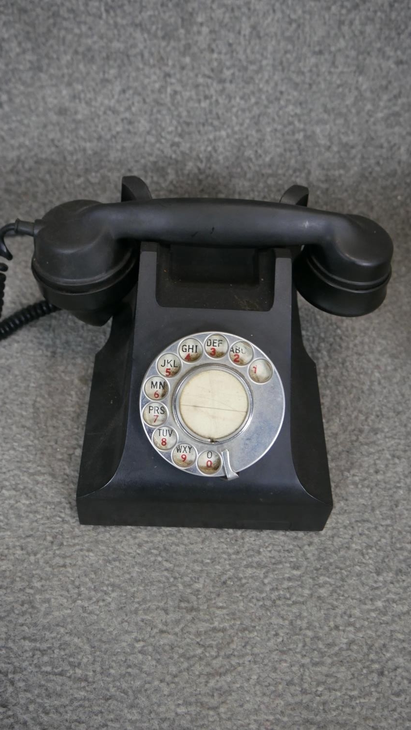 A vintage black bakelite telephone along with a Mappin & Webb Art Nouveau parquetry mahogany - Image 3 of 6