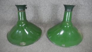 A pair of vintage Benjamin painted metal industrial style light shades with maker's mark. H.36 W.