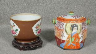 Two pieces of Japnese porcelain one decorated with geisha design and other with a brown ground and