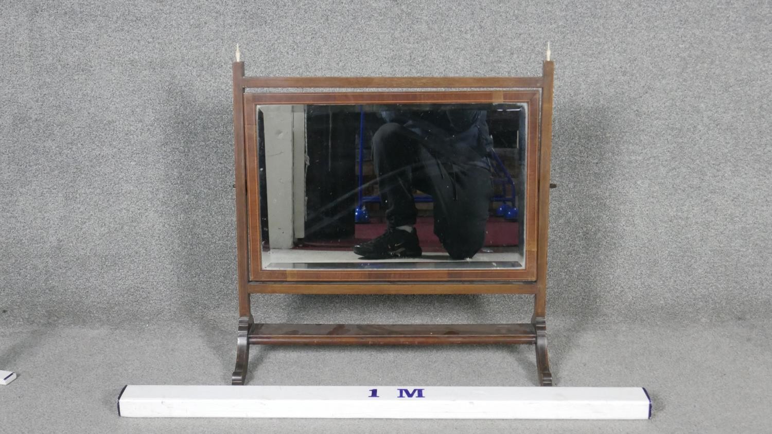 A 19th century mahogany and satinwood strung skeleton framed toilet mirror. W.64 D.28 H.60 - Image 2 of 3