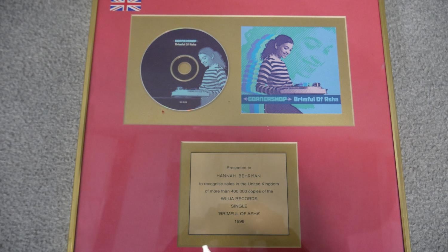 A framed and glazed presentation disc for the sale of 400,000 copies of Brimful of Asha by - Image 3 of 5