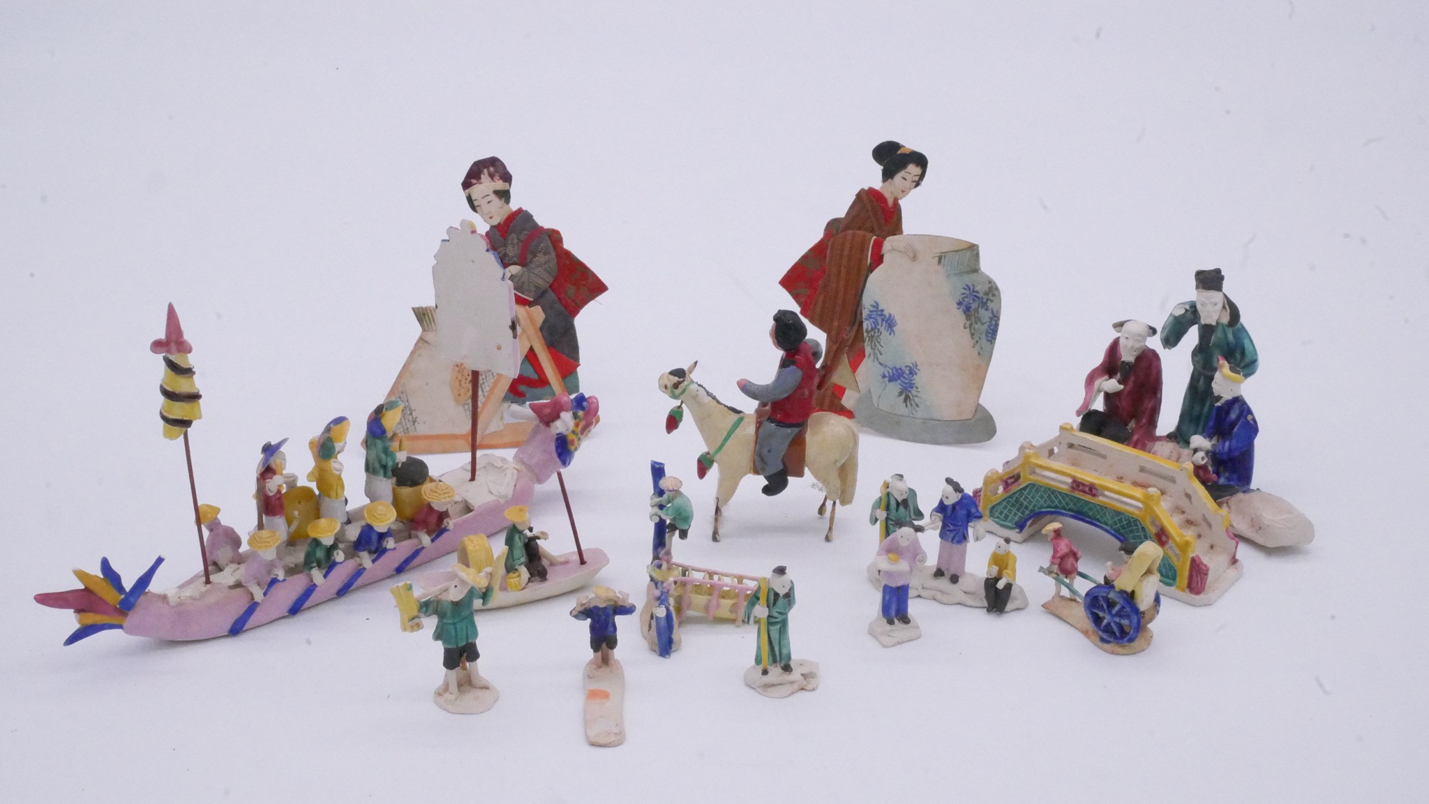 A collection of Chinese hand painted ceramic miniature figures along with a painted festival scene - Image 2 of 14