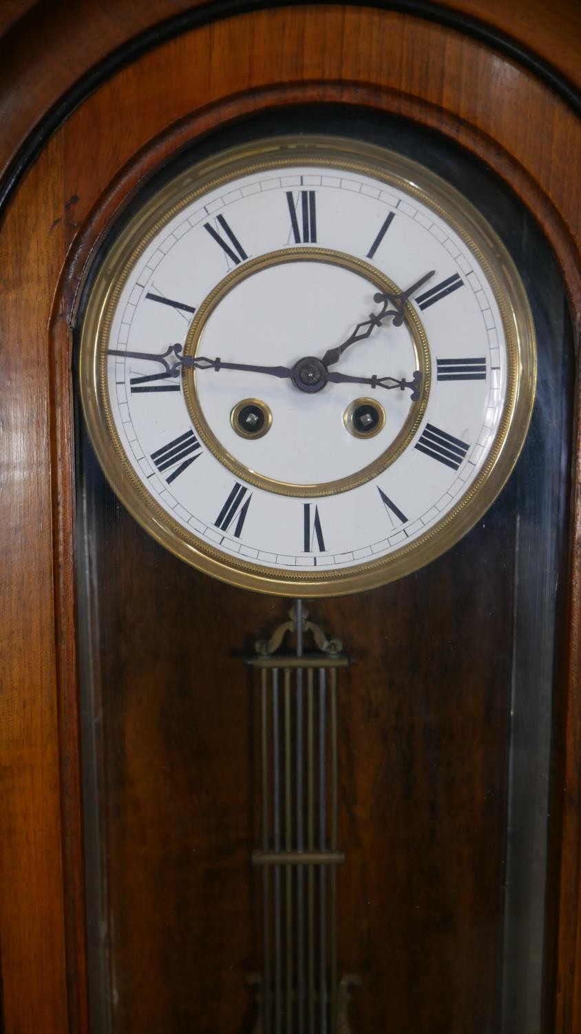 A 19th century Vienna regulator wall clock with eight day movement and white enamel dial in a carved - Image 3 of 6