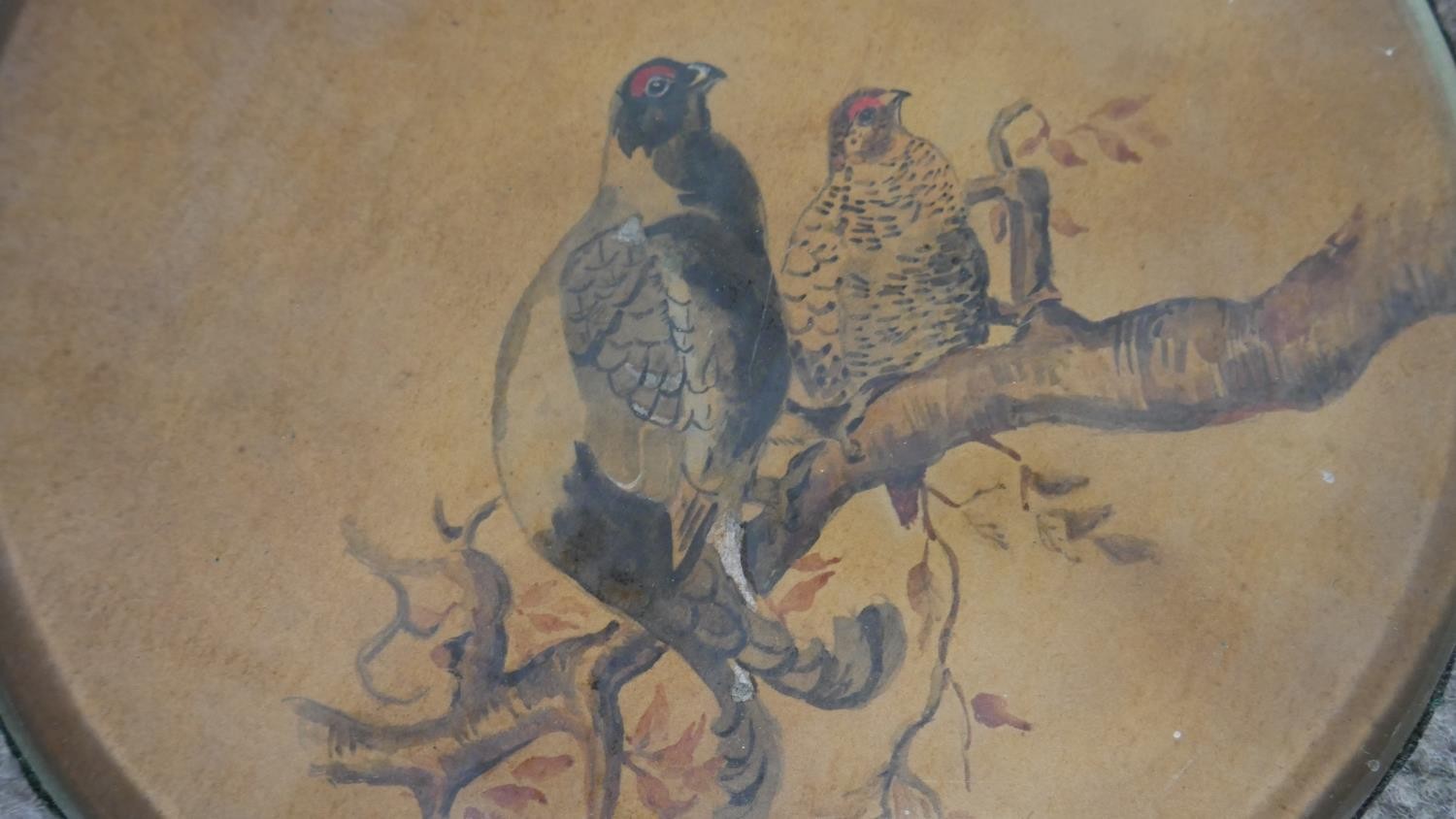 A set of nine 19th century watercolours under glass circular place mats with various game birds. - Image 5 of 5