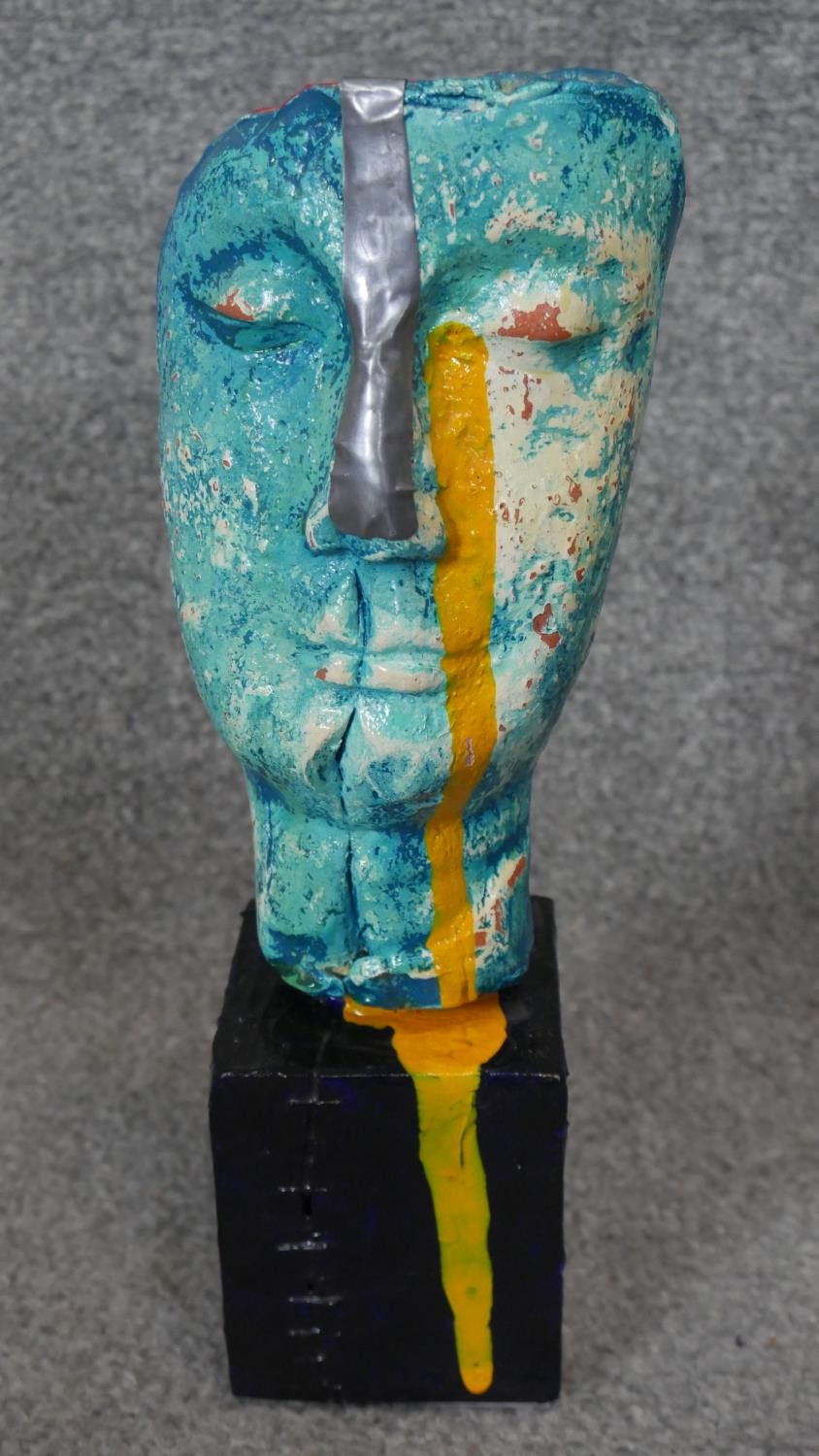 A painted moulded clay mask sculpture on wooden base, signed Javier Jiminez along with a ceramic - Image 3 of 7