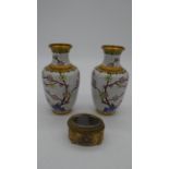 A pair of Chinese cloisonne enamel vases with blossom and bird decoration along with a gilt metal