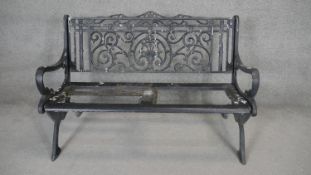 A vintage wrought iron garden bench. H.85 W.130 D.66cm (Missing seat slats as photographed).