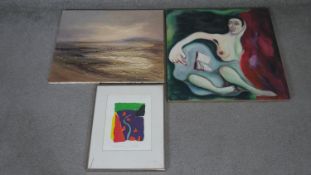 Two oils on canvas and a framed and glazed signed lithograph. One oil of rolling hills, signed