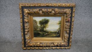 An oil on board, Italianate landscape with figures and ruins in ornate gilt frame. H.47 W.47cm