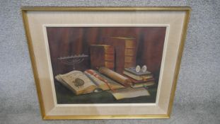 Rudolf Blahos (1917-1986), a framed oil on canvas, still life with menorah, signed. H.57 W.66cm
