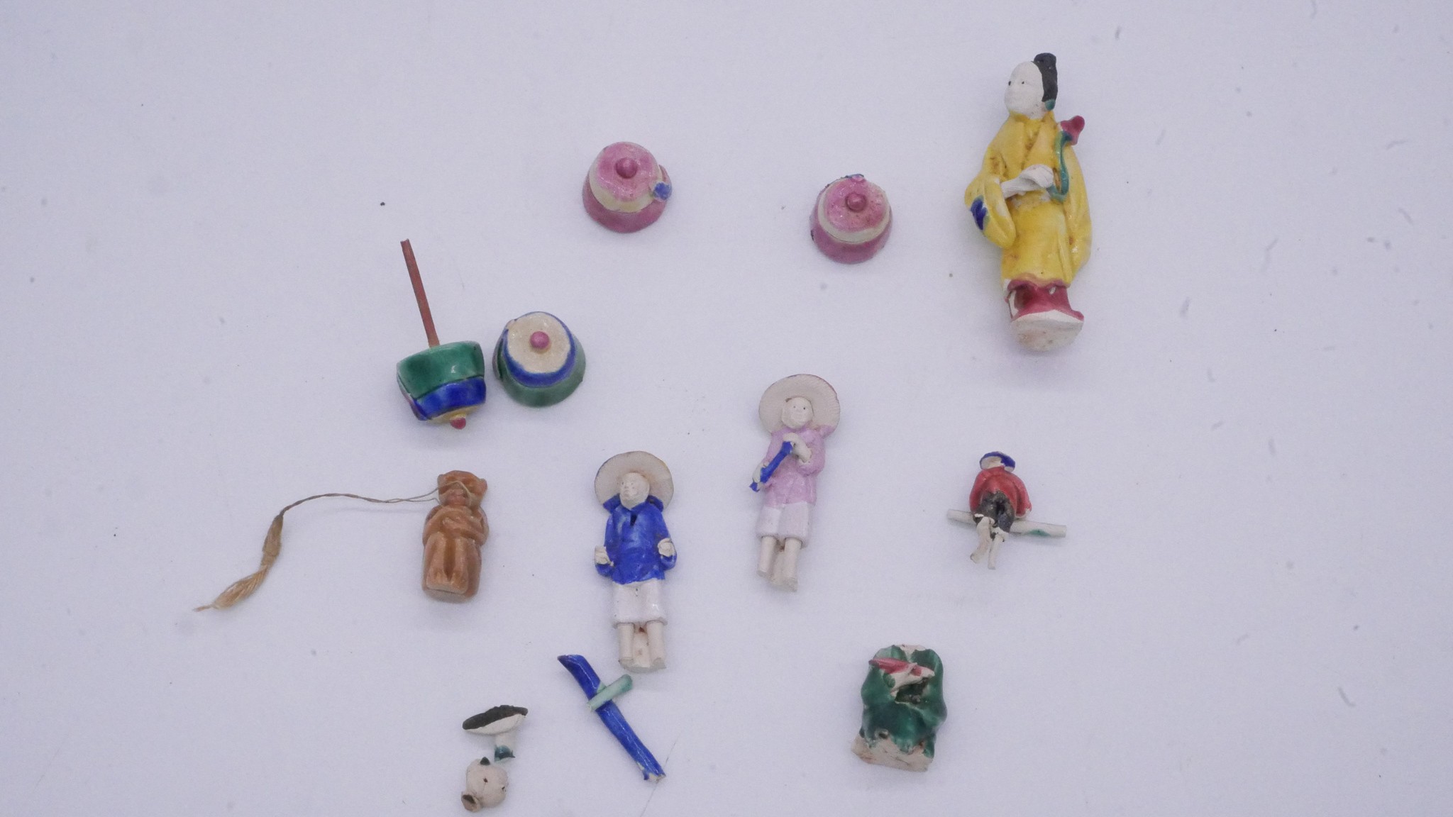 A collection of Chinese hand painted ceramic miniature figures along with a painted festival scene - Image 7 of 14