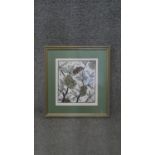 A framed and glazed botanical woodblock print. Indistinctly signed and titled. H.42 W.38cm