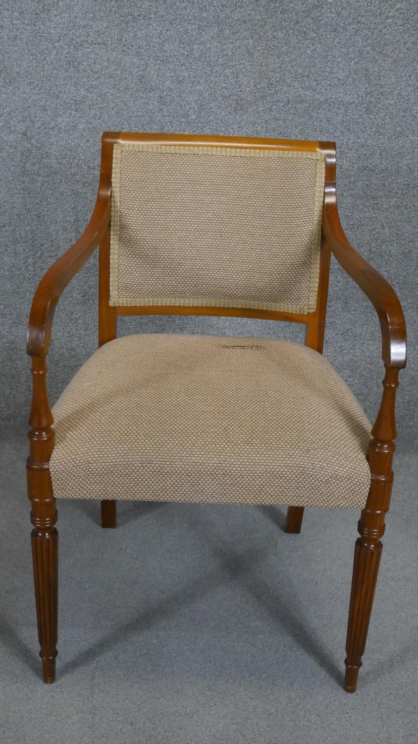 A pair of contemporary late Georgian style armchairs on reeded tapering supports. - Image 2 of 4