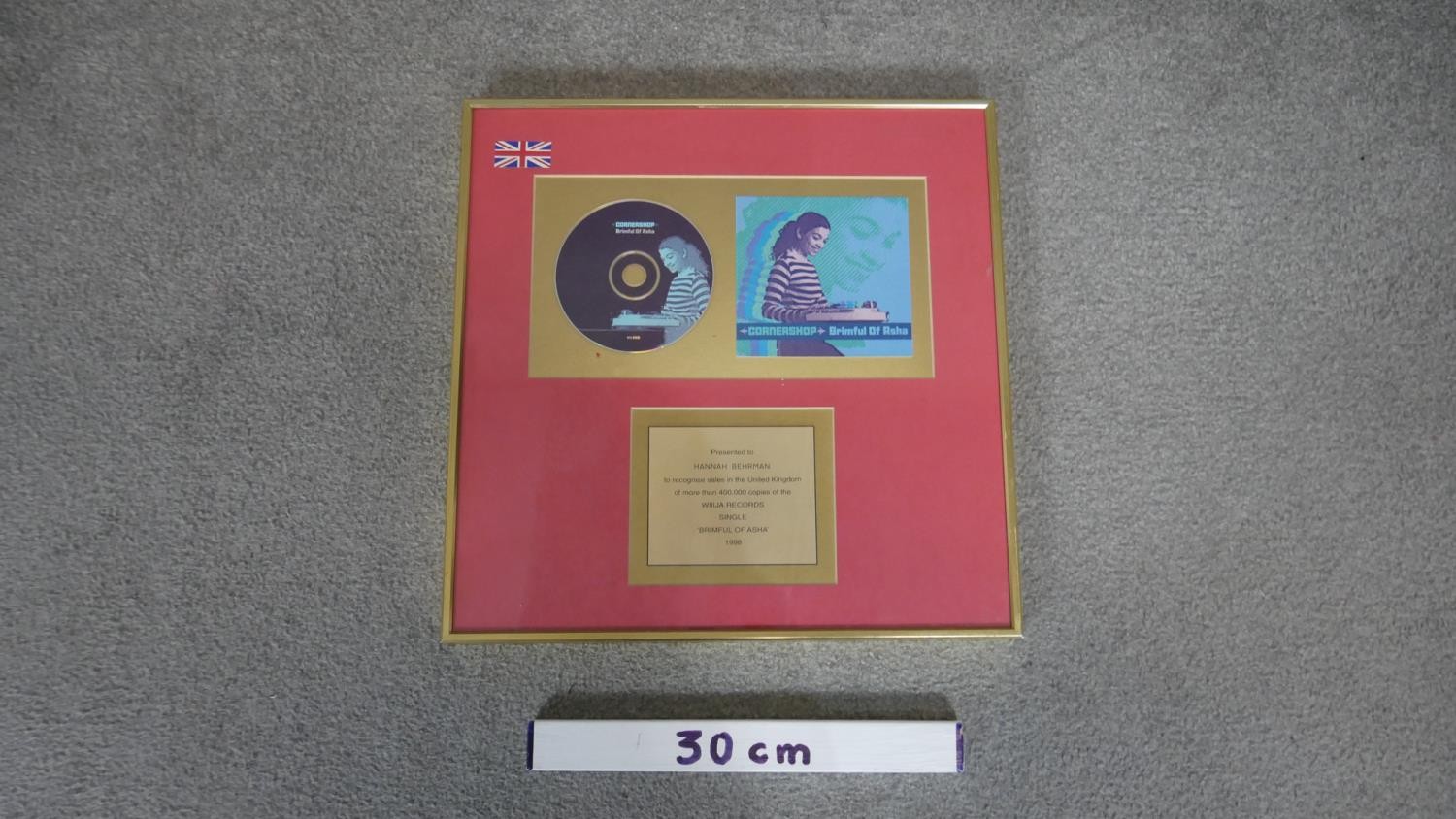 A framed and glazed presentation disc for the sale of 400,000 copies of Brimful of Asha by - Image 2 of 5