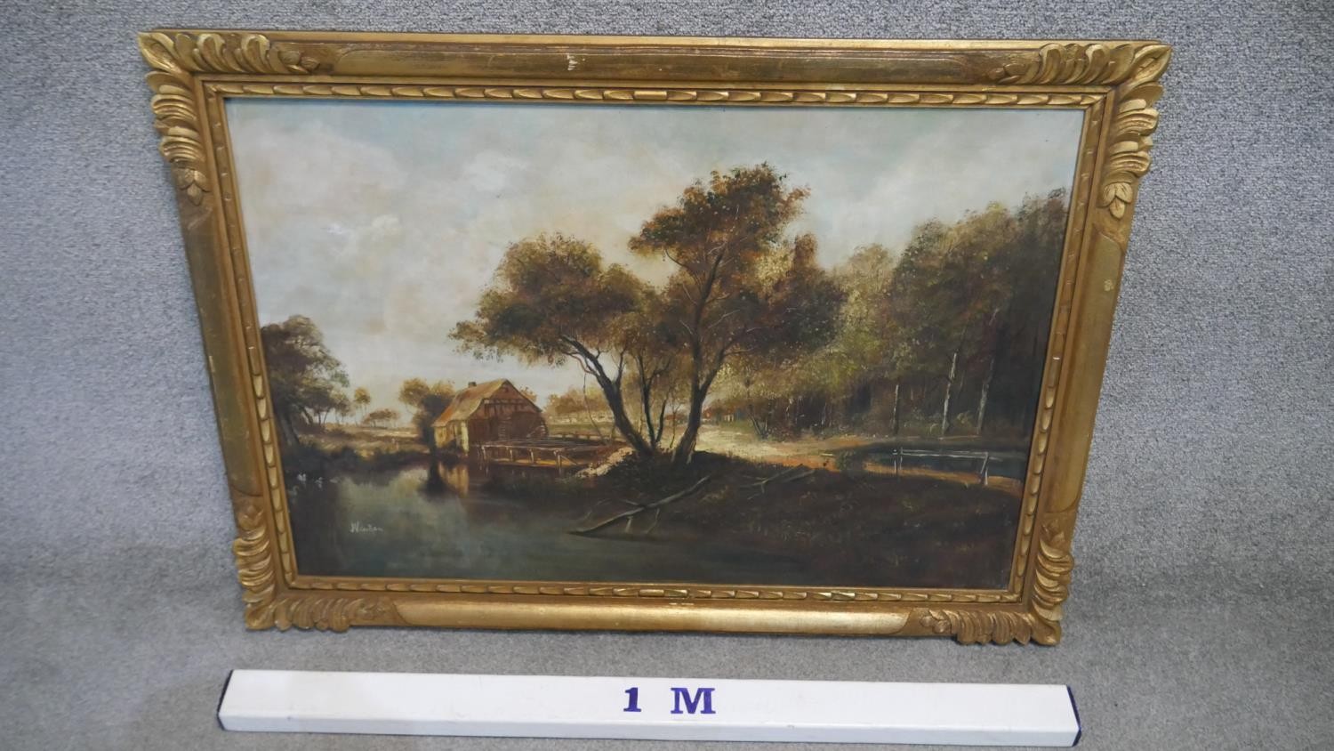 An oil on canvas, mill on a river, indistinctly signed in carved giltwood frame. H.74 W.103cm - Image 2 of 5
