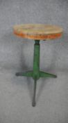 A vintage painted metal adjustable machinists stool with distressed beech top. H.45cm