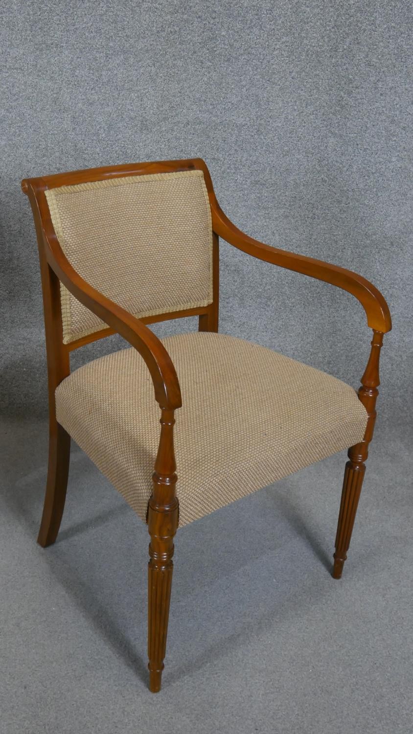 A pair of contemporary late Georgian style armchairs on reeded tapering supports. - Image 3 of 3