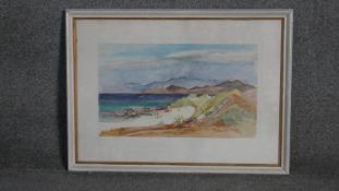 A framed and glazed watercolour, figures on a beach, indistinctly signed. W.69 H.52