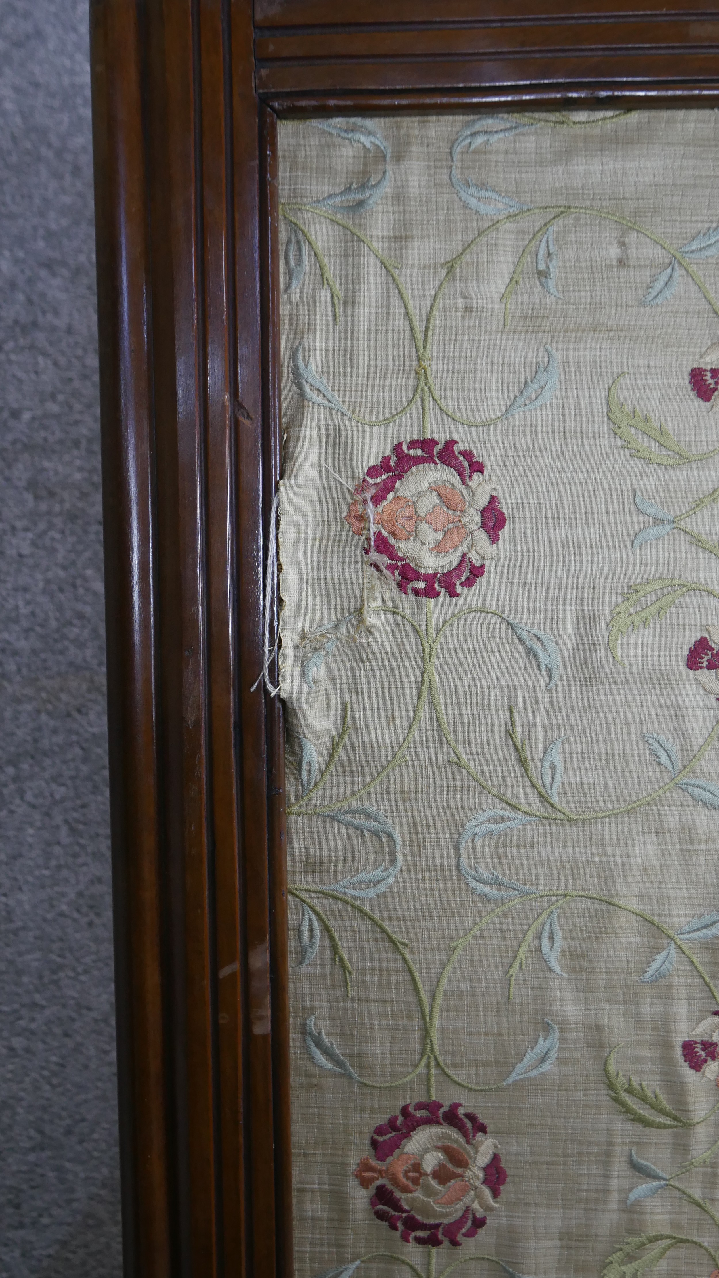 A late 19th century walnut two fold three panel room divider with inset floral tapestry panels. H. - Image 4 of 7