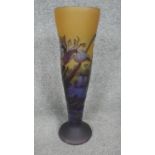 A Galle style amber, blue and purple cameo glass conical vase carved with irises. Signed Galle. H.