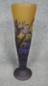 A Galle style amber, blue and purple cameo glass conical vase carved with irises. Signed Galle. H.
