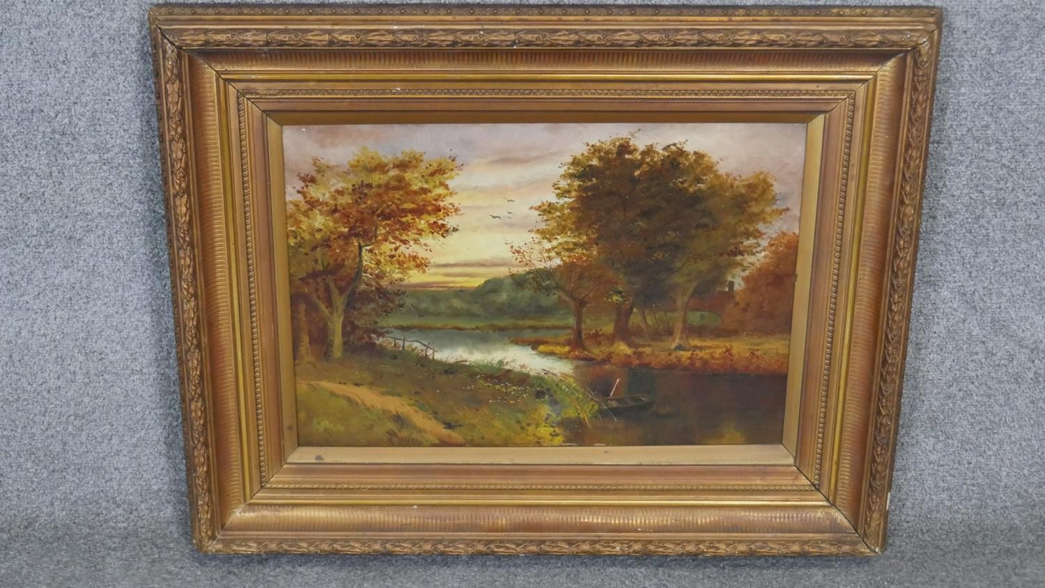 A carved gilt framed oil on canvas of a river landscape at sunset, monogrammed P.K. Inscribed H. - Image 2 of 7