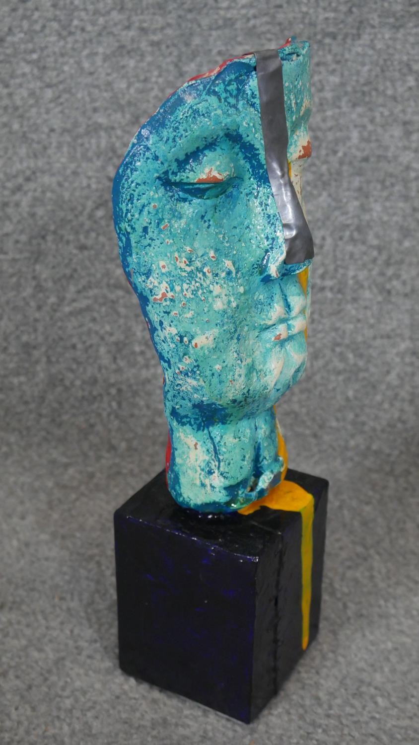 A painted moulded clay mask sculpture on wooden base, signed Javier Jiminez along with a ceramic - Image 4 of 7