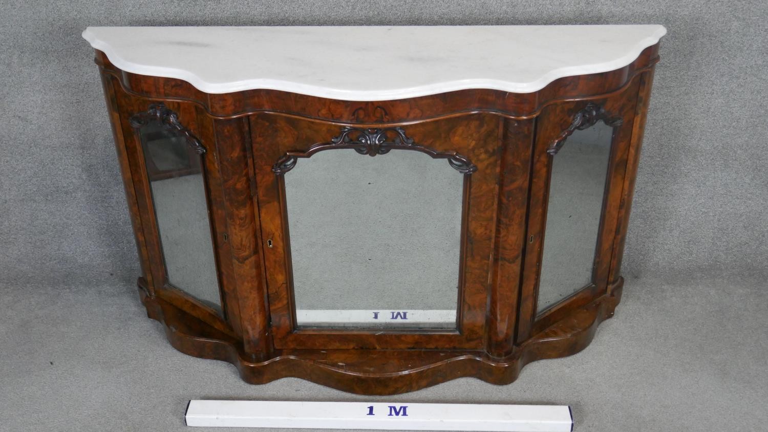 A Victorian burr walnut marble topped credenza with original plate glass doors. H.90 W.150cm - Image 3 of 4