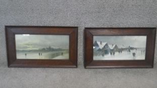 Two Arts and Crafts oak framed reproduction prints of a winter landscape with figures, printed