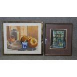 A framed acrylic still life, indistinctly signed along with a framed and glazed pastel and acrylic