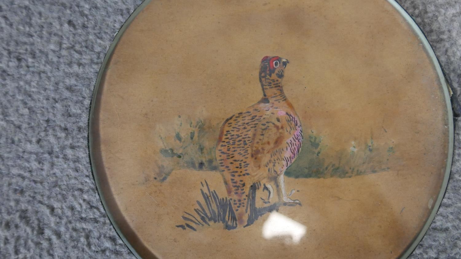 A set of nine 19th century watercolours under glass circular place mats with various game birds. - Image 3 of 5
