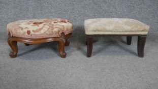 A 19th century carved walnut footstool along with a mahogany example on sabre supports. W.34cm (