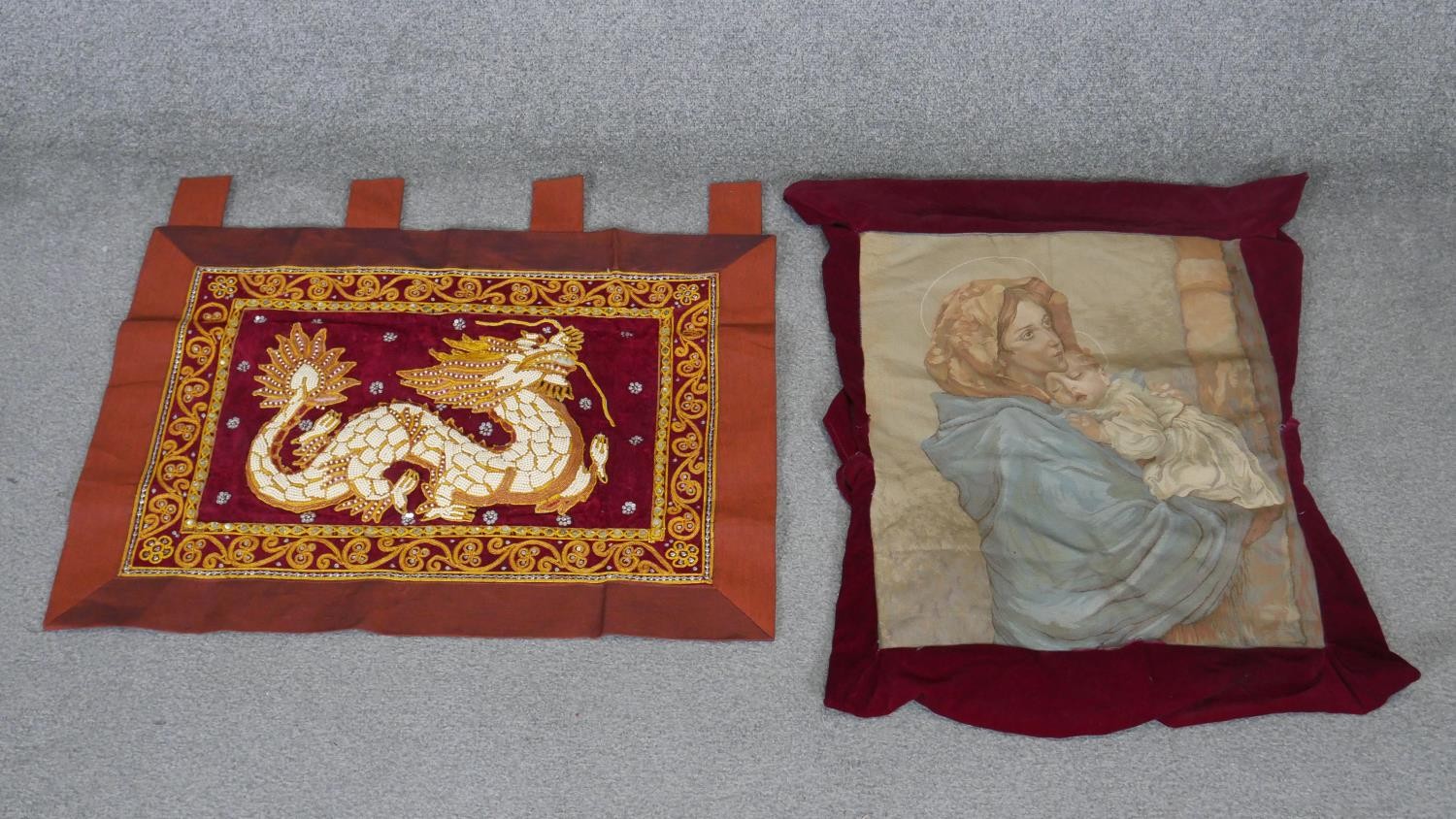 Two embroideries. One Thai with a beaded dragon and a embroidered cushion cover of Mary and Child.