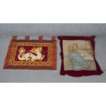 Two embroideries. One Thai with a beaded dragon and a embroidered cushion cover of Mary and Child.