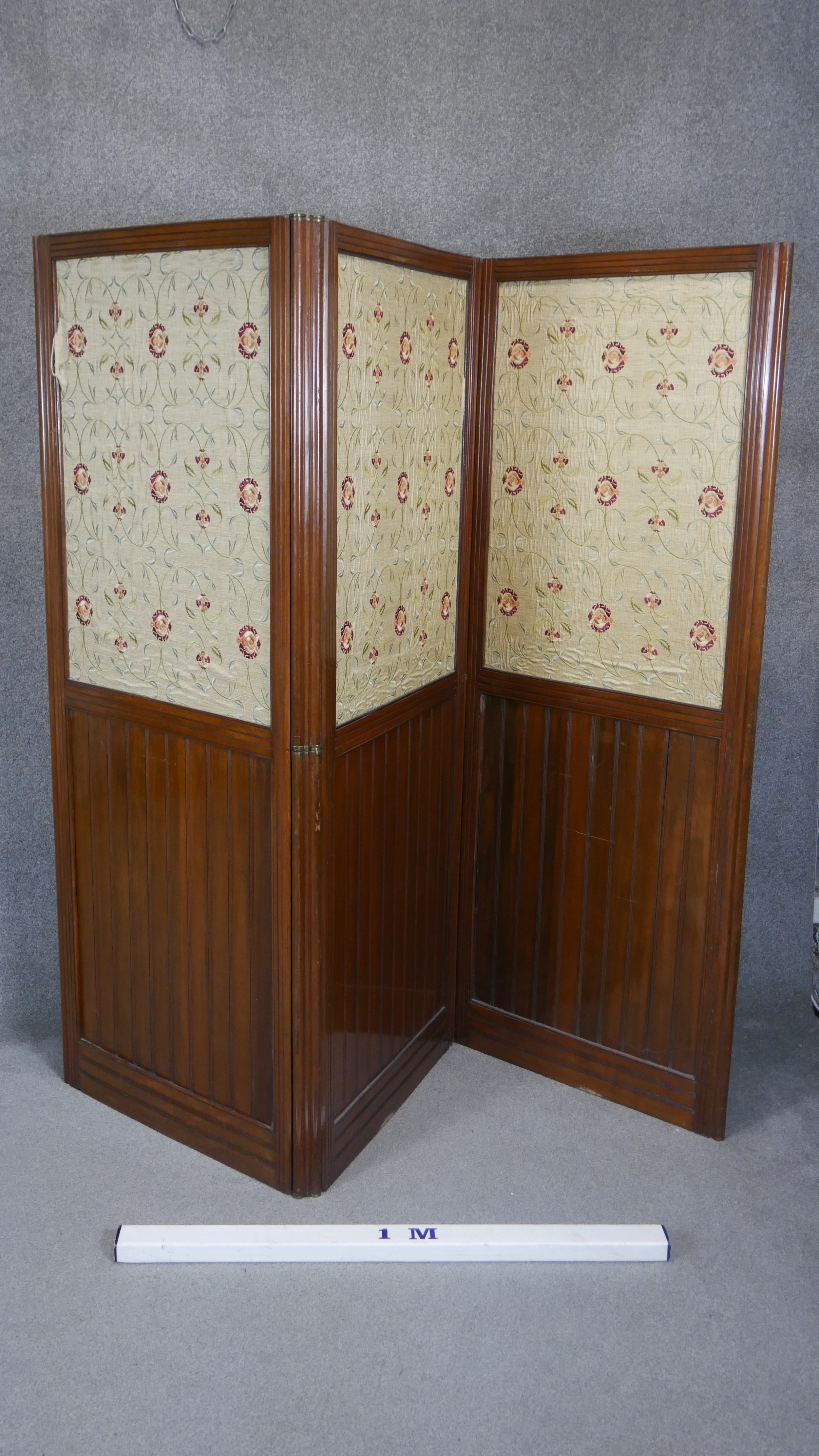 A late 19th century walnut two fold three panel room divider with inset floral tapestry panels. H. - Image 2 of 7