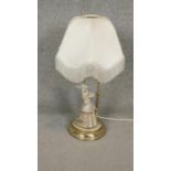 A porcelain and brass figural table lamp, 19th century style lady on scroll base. H.68cm