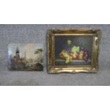 A carved gilt framed oil on board of a fruit still life, signed A. Milles and a oil on copper