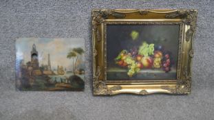A carved gilt framed oil on board of a fruit still life, signed A. Milles and a oil on copper