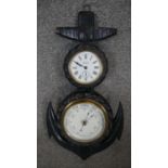 A 19th century carved ebony anchor and rope design clock barometer by F.A. Chandler. White enamel