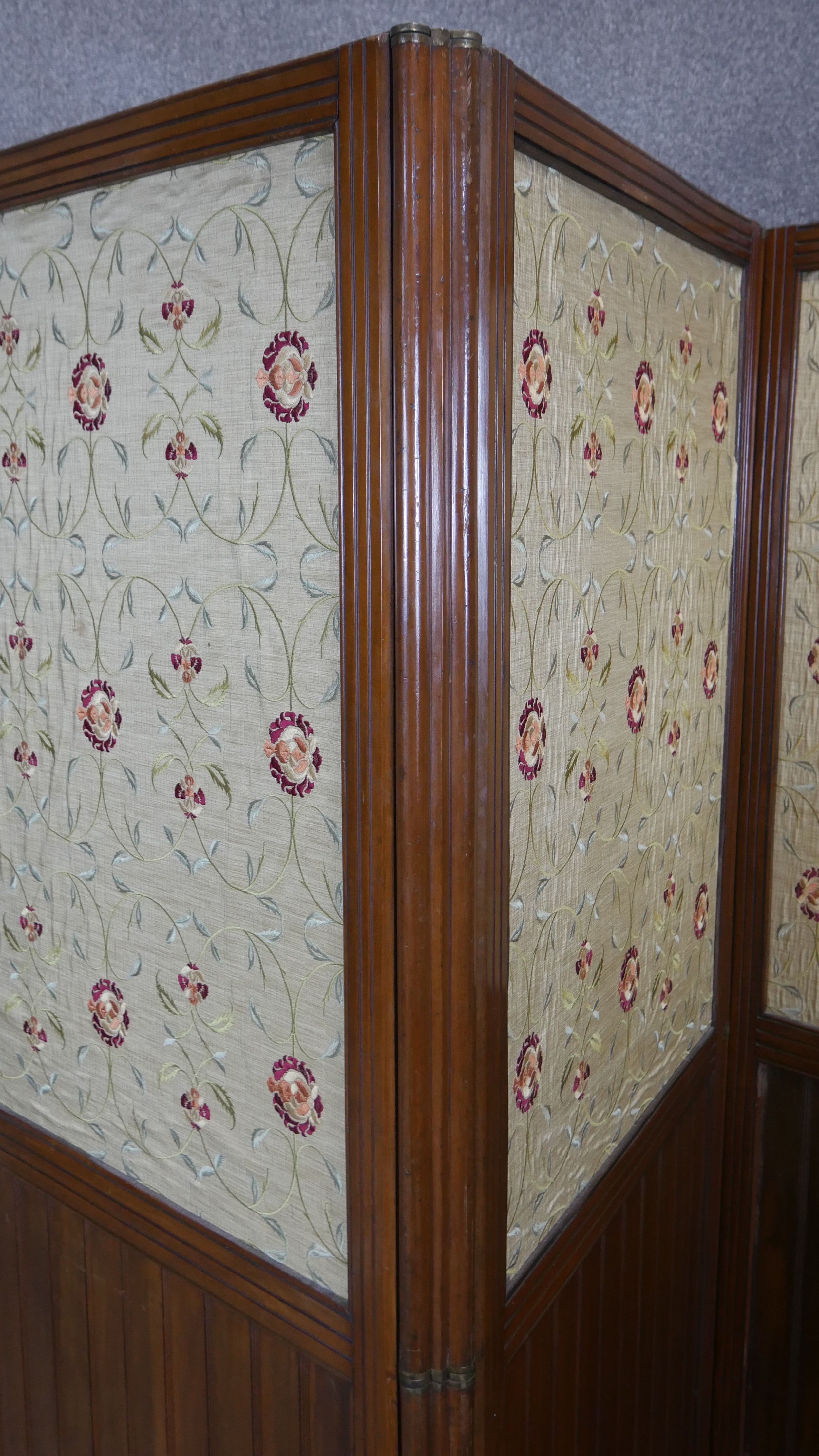 A late 19th century walnut two fold three panel room divider with inset floral tapestry panels. H. - Image 6 of 7