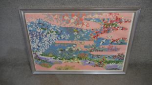 A modern silver framed Japanese colour print of a landscape. H.76 W.105cm
