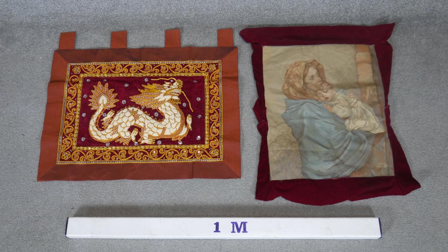 Two embroideries. One Thai with a beaded dragon and a embroidered cushion cover of Mary and Child. - Image 2 of 4