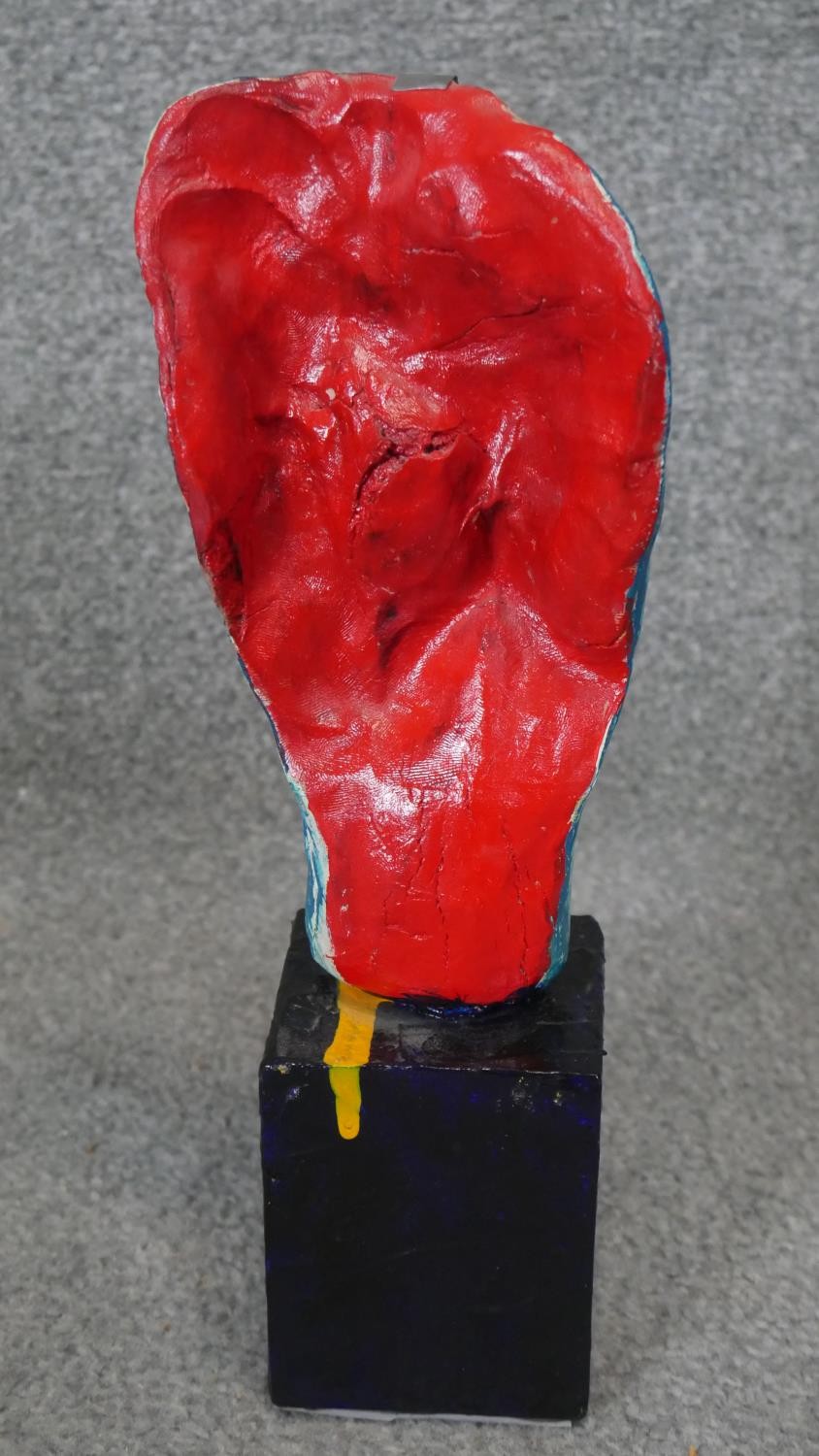 A painted moulded clay mask sculpture on wooden base, signed Javier Jiminez along with a ceramic - Image 5 of 7