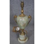 A Classical style gilt metal and carved alabaster twin foliate handle urn table lamp. H.43cm